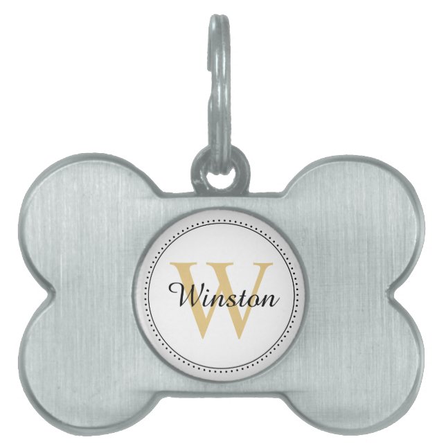 Aangepaste huisdiernaam gouden monogram wit huisdieren naamplaatje (voorkant)