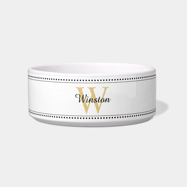 Aangepaste huisdiernaam gouden monogram witte huis voerbakje (Voorkant)