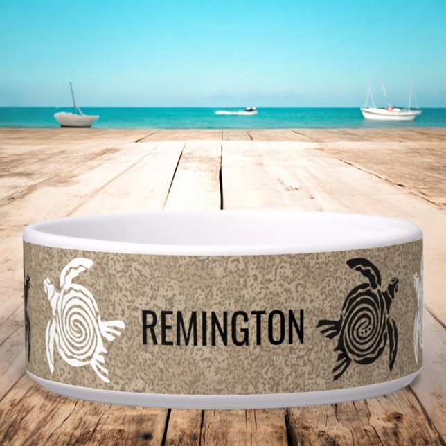 Aangepaste huisplaatsnaam Sandy Beach Turtles Voerbakje (custom pet bowl front)