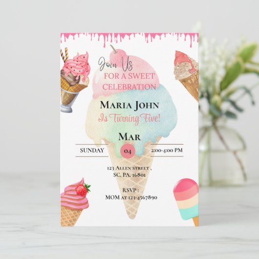 Aangepaste Ice Cream verjaardagsfeestje uitnodigin Kaart (Staand voorkant)