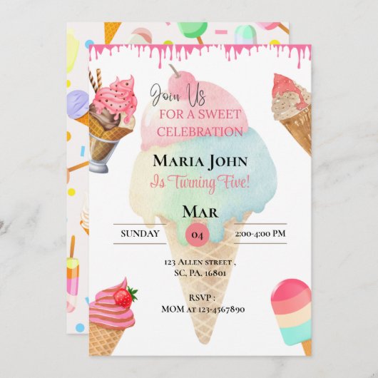 Aangepaste Ice Cream verjaardagsfeestje uitnodigin Kaart (Voorkant / Achterkant)