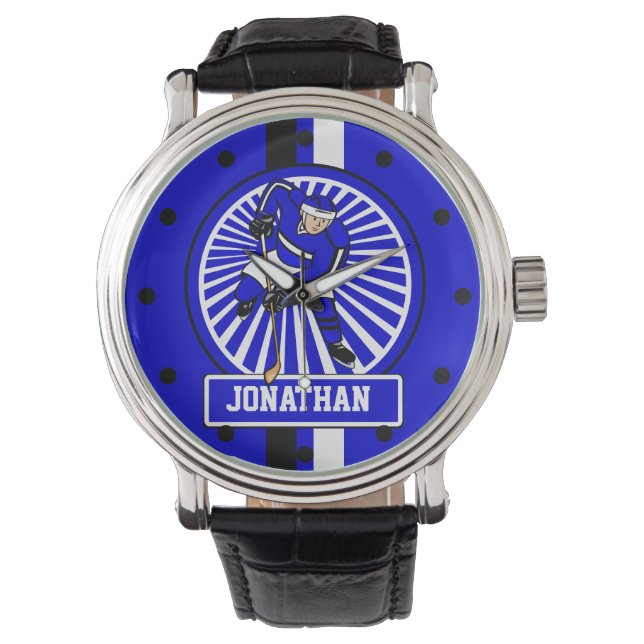 Aangepaste Ice Hockey Player Blue Horloge (Voorkant)