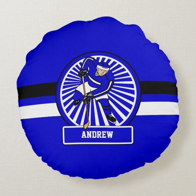 Aangepaste Ice Hockey Player Blue Rond Kussen (Achterkant)