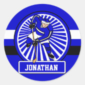 Aangepaste Ice Hockey Player Blue Ronde Sticker (Voorkant)