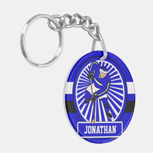 Aangepaste Ice Hockey Player Blue Sleutelhanger (Voorkant Links)
