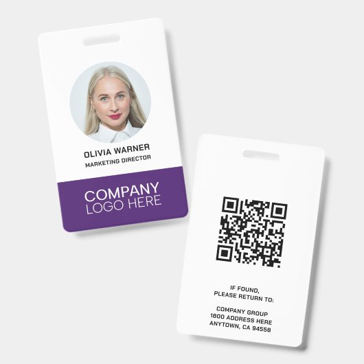 Aangepaste ID Werknemersfoto QR CODE LOGO PURPER Badge (Voor- en achterkant)