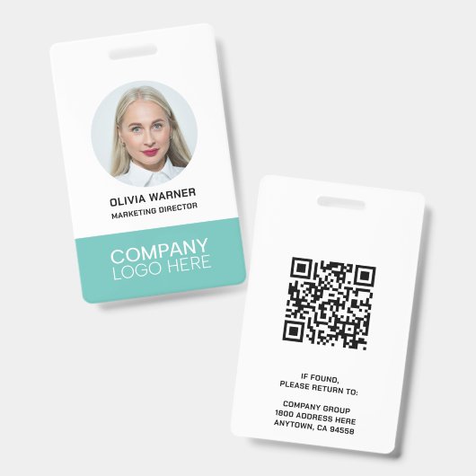 Aangepaste ID Werknemersfoto QR CODE LOGO TEAL Badge (Voor- en achterkant)