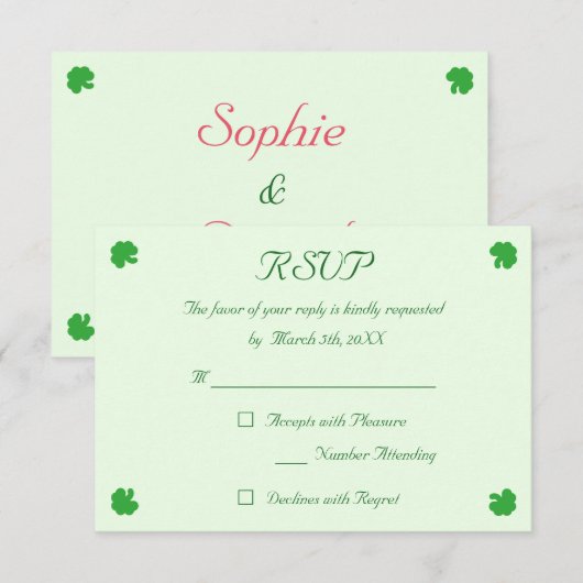 Aangepaste Ierse Groene Shamrock Klaver Bruiloft R RSVP Kaartje (Voorkant / Achterkant)