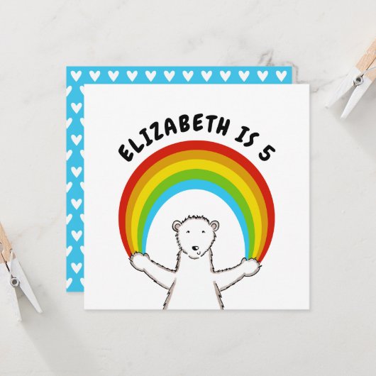 Aangepaste ijsbeer en regenboog verjaardagsuitnodi (Voorkant / Achterkant in situ)