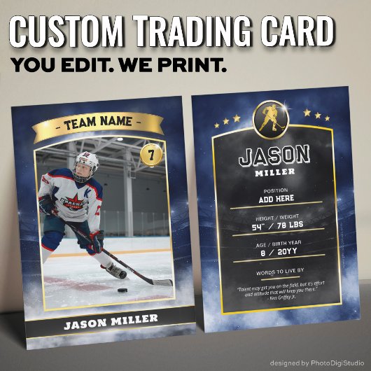 Aangepaste ijshockey trading Kaart Blue Gold Stadi Contactkaartje