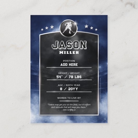 Aangepaste ijshockey trading Kaart Blue Silver Sta Contactkaartje (Achterkant)