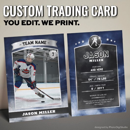Aangepaste ijshockey trading Kaart Blue Silver Sta Contactkaartje