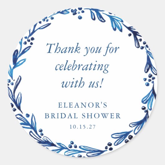 Aangepaste Indigo Blauwe Inkt Botanische Bruidsbor Ronde Sticker (Voorkant)