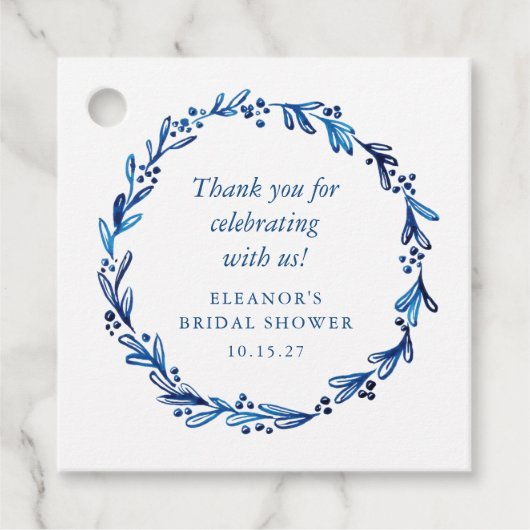 Aangepaste Indigo Blauwe Inkt Botanische Bruidsdou Bedankjes Labels (Voorkant)