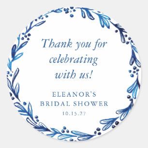 Aangepaste Indigo Blauwe Inkt Botanische Bruilofts Ronde Sticker