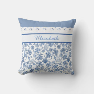 Aangepaste indigo Blue en White Floral Faux Lace Kussen