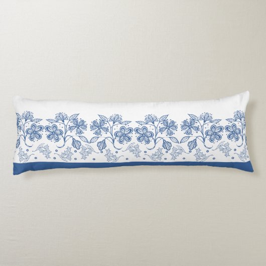 Aangepaste Indigo Blue Floral Border Body Pillow Lichaamskussen (Achterkant)