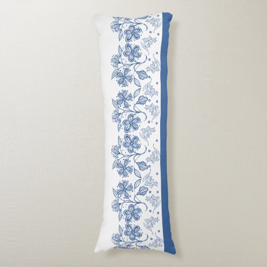 Aangepaste Indigo Blue Floral Border Body Pillow Lichaamskussen (Voorkant Verticaal)