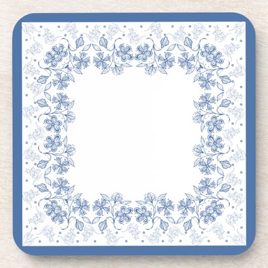 Aangepaste Indigo Blue Floral Border Square Onderz Bier Onderzetter (Voorkant)