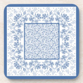Aangepaste Indigo Blue Floral Border Square Onderz Onderzetter (Voorkant)