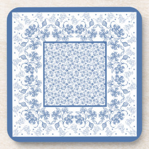 Aangepaste Indigo Blue Floral Border Square Onderz Onderzetter