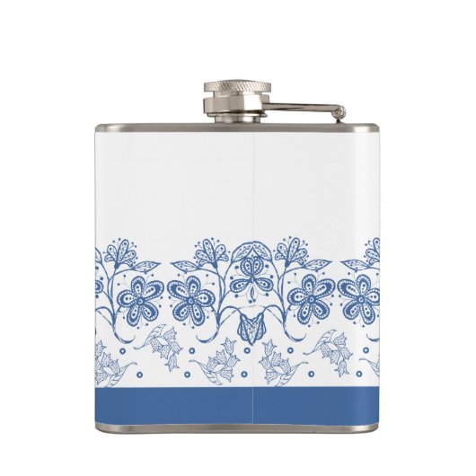 Aangepaste indigoblauw, witte flesje met kop aan d heupfles (Achterkant)