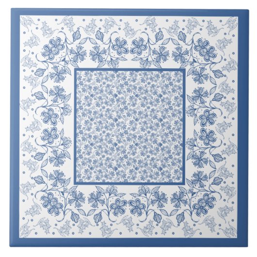 Aangepaste indigoblauwe Floral Border Ceramic Tile Tegeltje (Voorkant)