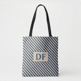 Aangepaste Initiaal blauw/vanille strepen Canvas t Tote Bag