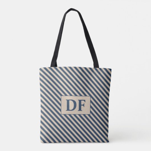 Aangepaste Initiaal blauw/vanille strepen Canvas t Tote Bag (Achterkant)