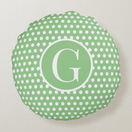 Aangepaste initiaal letter Polka Dot licht groen Rond Kussen (Achterkant)