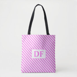Aangepaste Initiaal roze/witte strepen Tote Bag