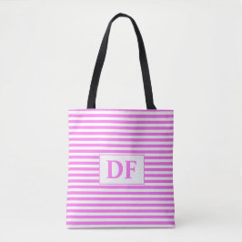 Aangepaste Initiaal roze/witte strepen Tote Bag