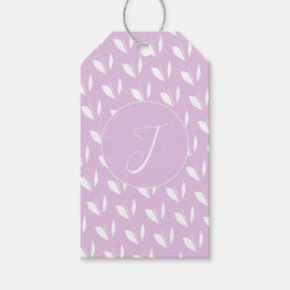 Aangepaste initiaal wit silhouet bladeren paarse cadeaulabel