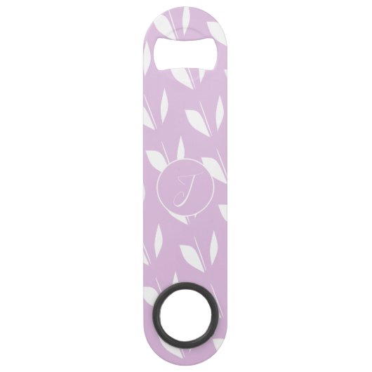 Aangepaste initiaal wit silhouet bladeren paarse speed flessenopener (Voorkant)