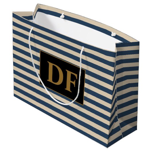 Aangepaste Initialen blauw/vanille strepen Groot Cadeauzakje (Achterkant Gekanteld)