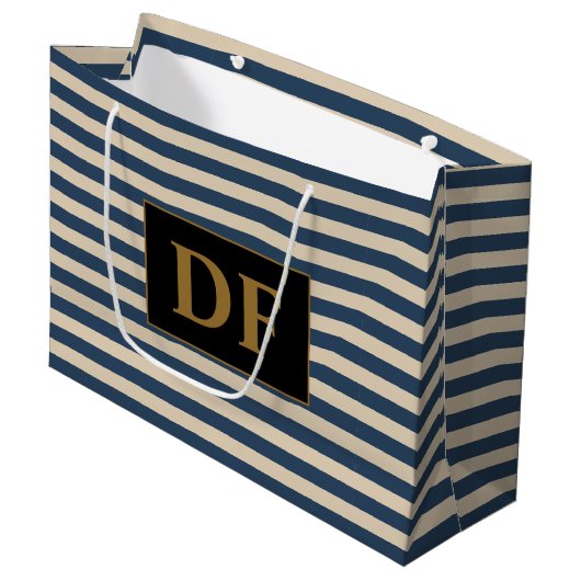 Aangepaste Initialen blauw/vanille strepen Groot Cadeauzakje (Voorkant Gekanteld)