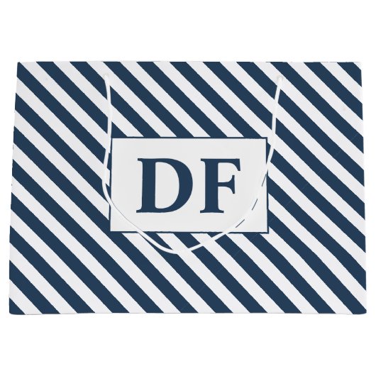 Aangepaste Initialen Blauw/Wit Strepen Groot Cadeauzakje (Voorkant)