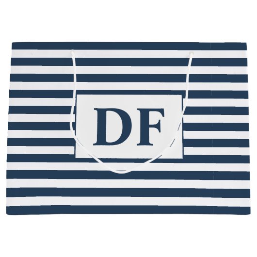 Aangepaste Initialen Blauw/Wit Strepen Groot Cadeauzakje (Voorkant)
