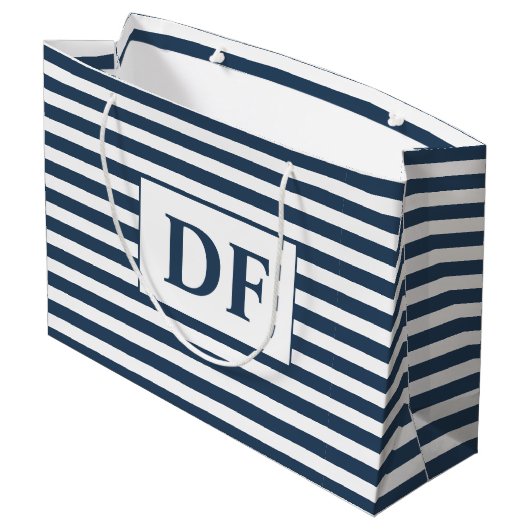 Aangepaste Initialen Blauw/Wit Strepen Groot Cadeauzakje (Achterkant Gekanteld)