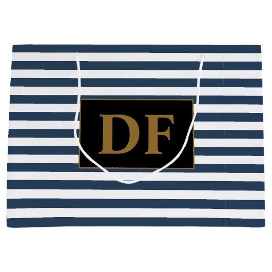 Aangepaste Initialen Blauw/Wit Strepen Groot Cadeauzakje (Voorkant)