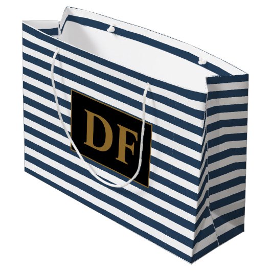 Aangepaste Initialen Blauw/Wit Strepen Groot Cadeauzakje (Achterkant Gekanteld)