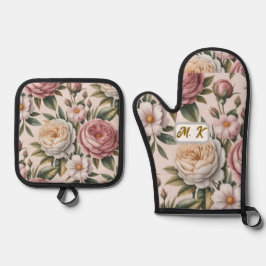 Aangepaste initialen chic vintage rozen cottagecor ovenwant & pannenlap set