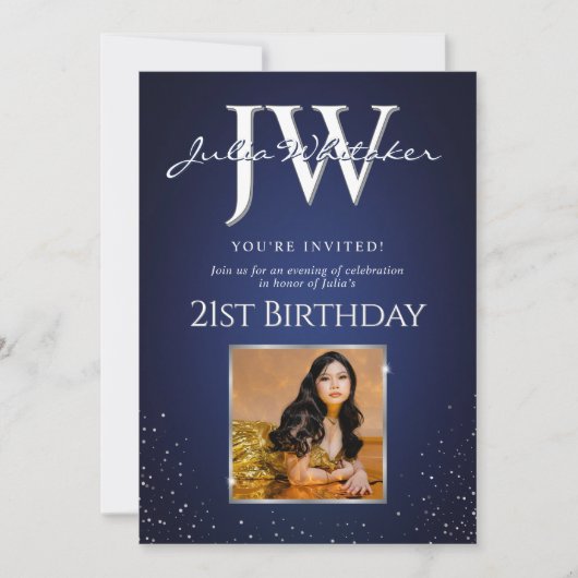 Aangepaste Initialen Elegant 21e Verjaardag Blauw  Kaart (Voorkant)