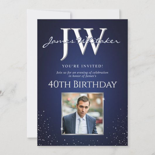 Aangepaste Initialen Elegant 40e Verjaardag Blauw  Kaart (Voorkant)