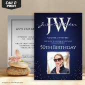 Aangepaste Initialen Elegant 50ste Verjaardag Blau Kaart