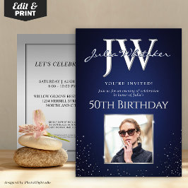 Aangepaste Initialen Elegant 50ste Verjaardag Blau Kaart