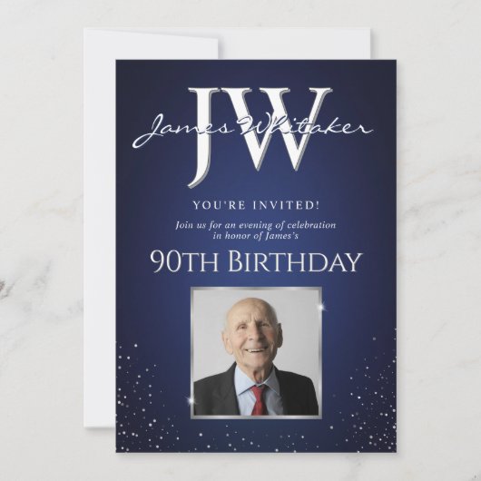 Aangepaste Initialen Elegant 90ste Verjaardag Blau Kaart (Voorkant)