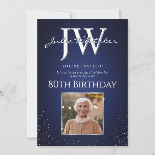 Aangepaste Initialen Elegant Blauw Zilver 80ste Ve Kaart (Voorkant)