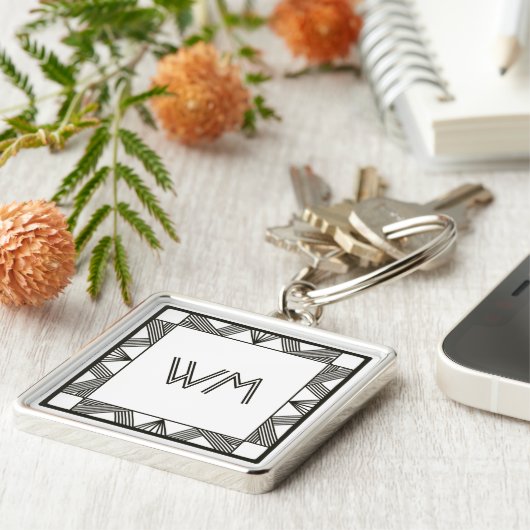 Aangepaste Initialen Elegant modern zwart Art Deco Sleutelhanger (Zijkant)