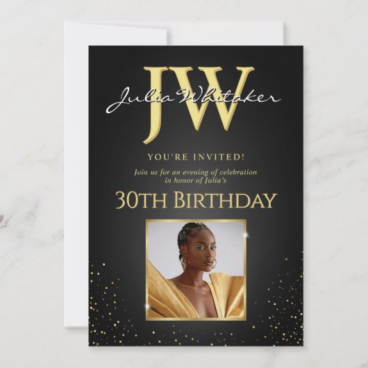 Aangepaste Initialen Elegant Zwart Goud 30e Verjaa Kaart (Voorkant)